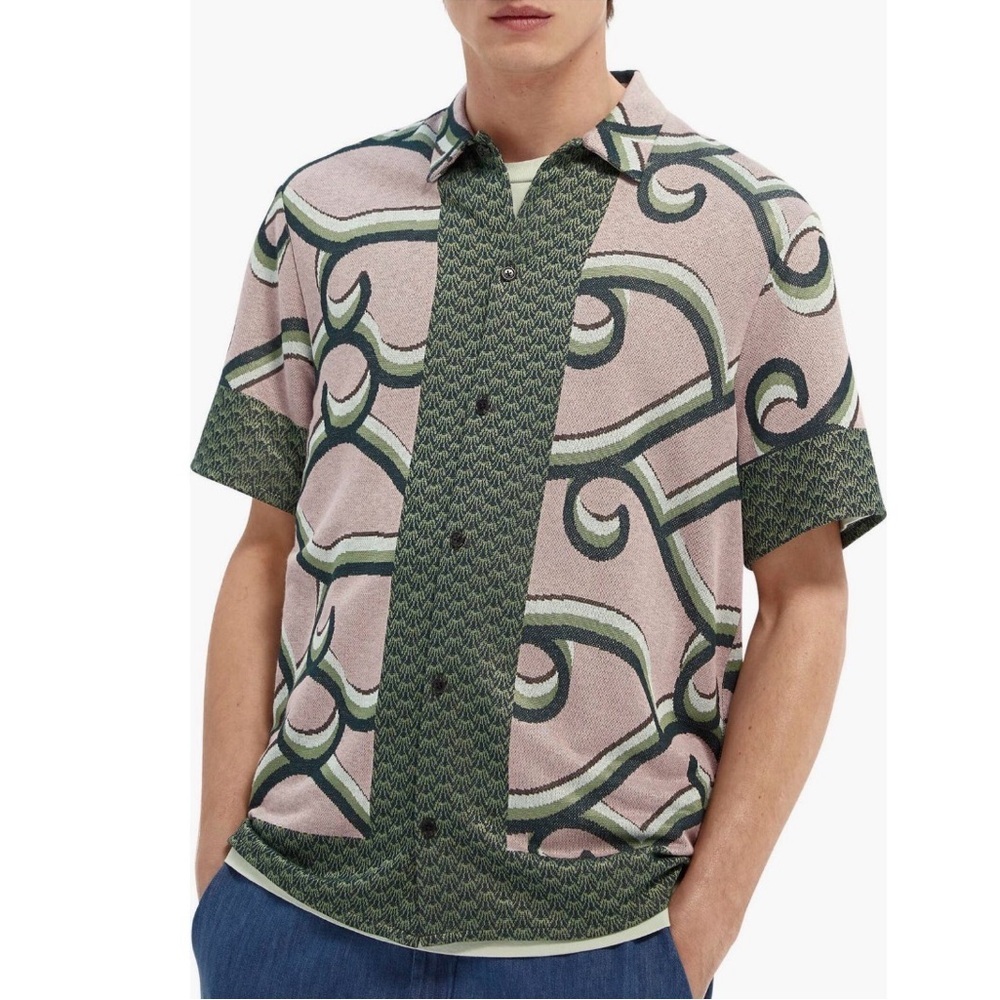 Scotch & Soda Jacquard Knit Button Up Lightweight Green Shirt Size Small
